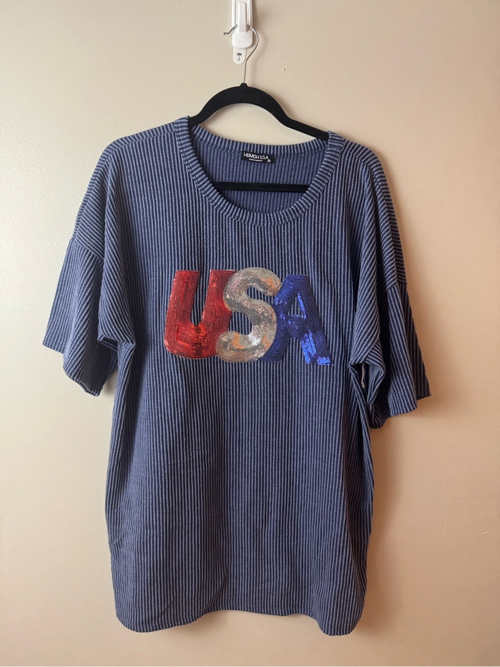 HEIMISH USA Blue Ribbed Short-Sleeve Sequin Top 4th of July NWOT 3XL